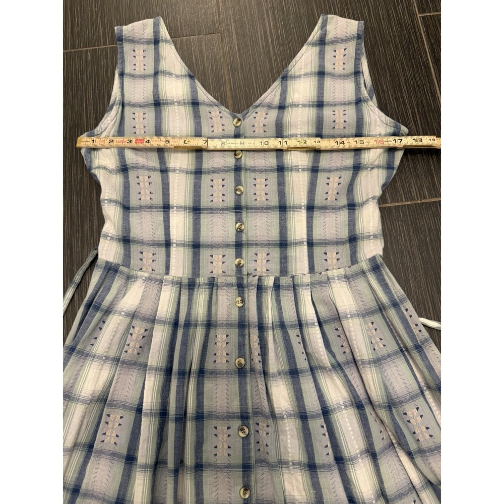 Monsoon Plaid Tie Midi Shirt Dress Sz 10 Fit Flare Aztec Cottage Prairie Blue - Picture 8 of 10